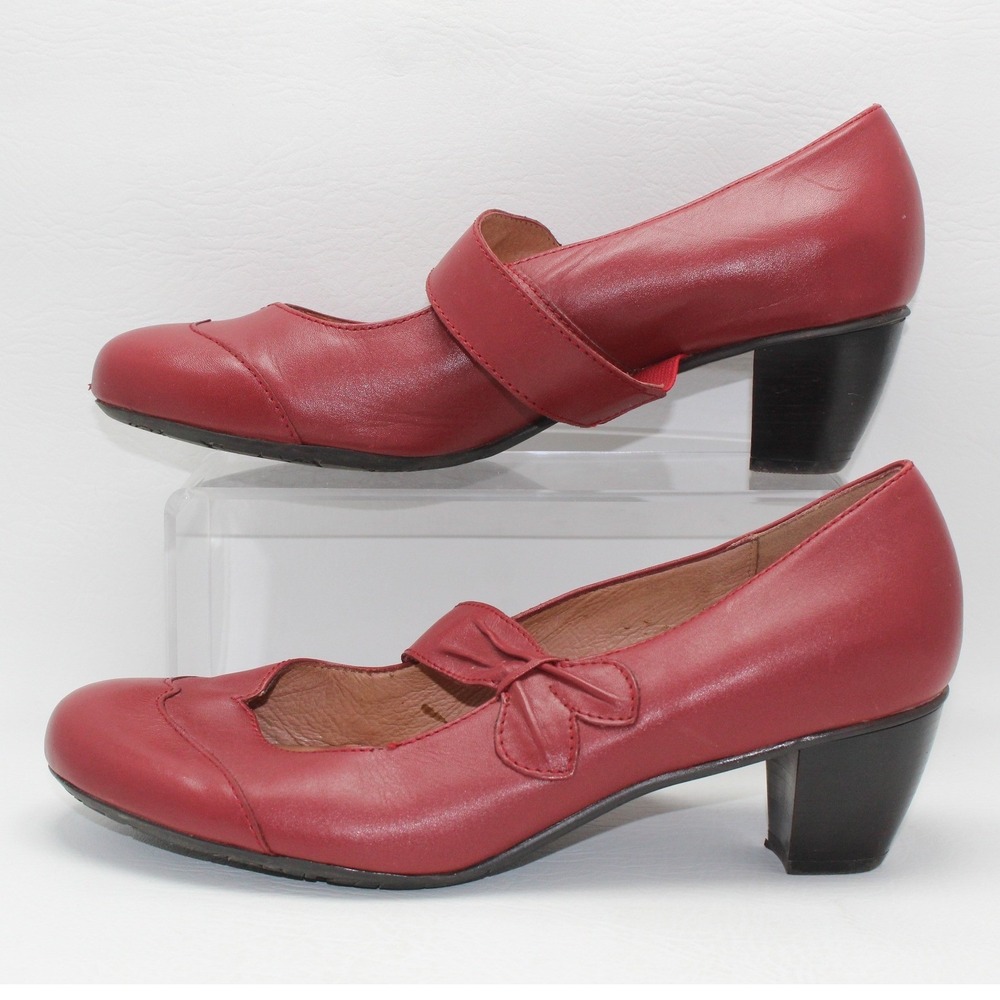 Hotter Emerald Red Leather‎ Mary Jane Bow Block Heels Womens 9.5 41.5